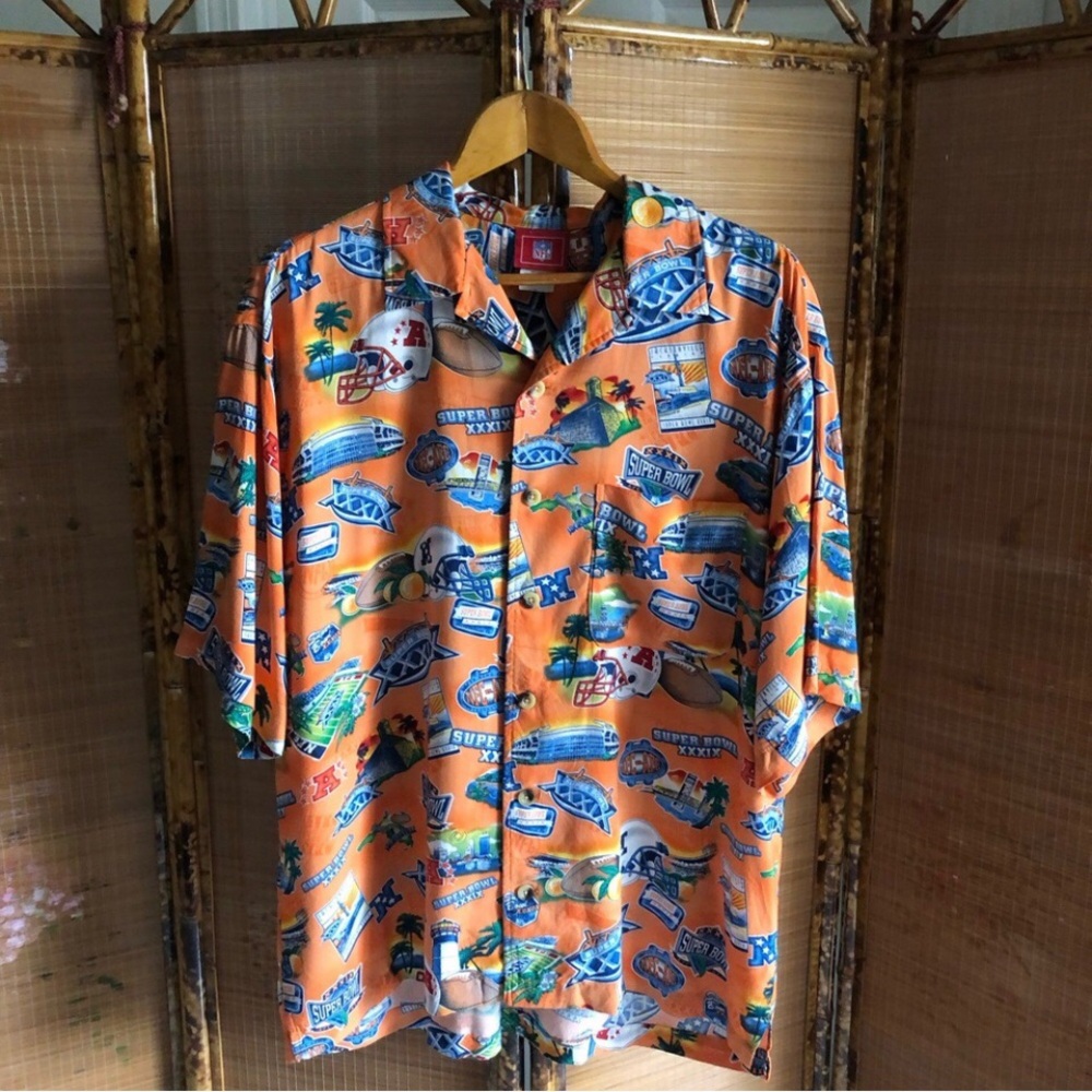 Super Bowl NFL Hawaiian shirt XXXIX 39 2005 orange Patriots Eagles football